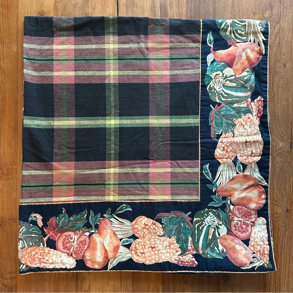 April Cornell Plaid Fruit Border Cotton Tablecloth Autumn Harvest Vintage Square